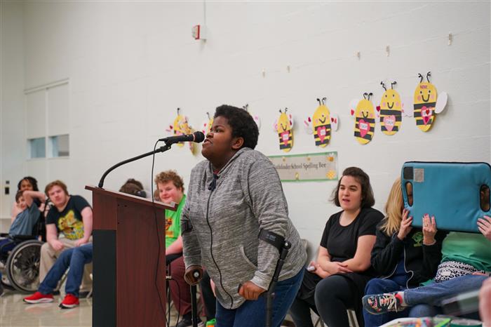 Students compete in the Pathfinder School Spelling Bee on Jan. 31, 2024.